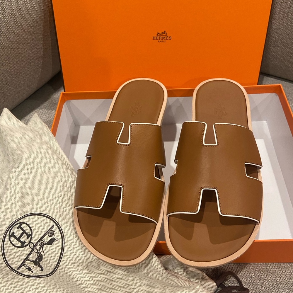 New Hermes Brown Izmir Leather H Sandals